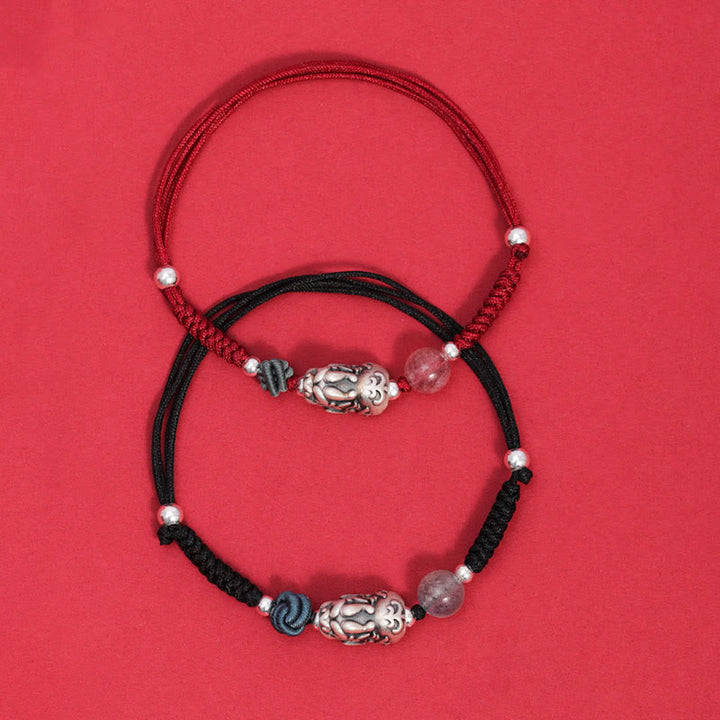 Bracciale intrecciato Buddha Stones 999 Sterling Silver PiXiu Strawberry Quartz Bead Wealth Luck