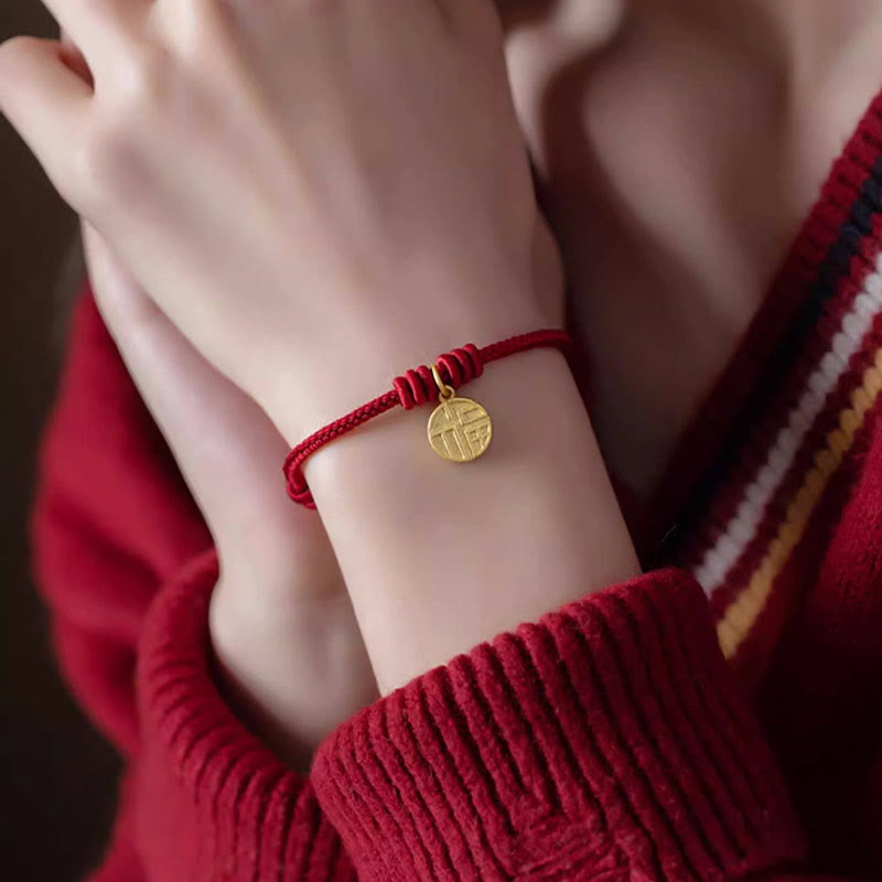 Braccialetto di corda rossa con ciondolo a forma di carattere Fu con nodo della pace a otto fili fatto a mano Buddha Stones