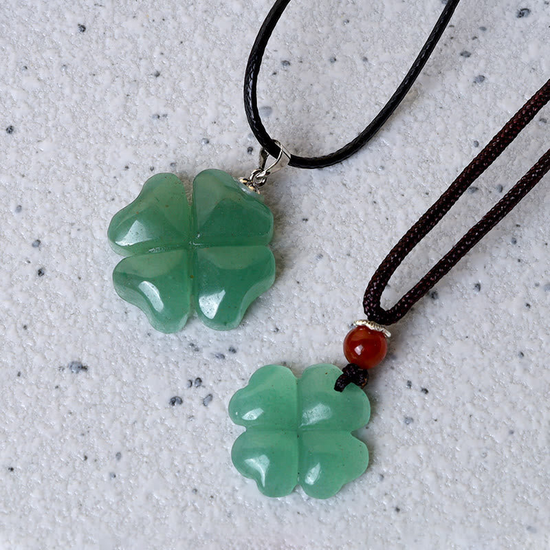 Collana con ciondolo in corda di cuoio con quadrifoglio e avventurina verde in argento sterling 925 Buddha Stones