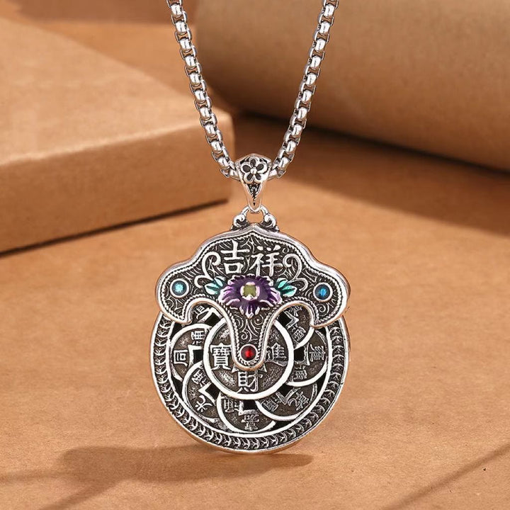 Buddha Stones , fiore di peonia, monete di rame, collana con ciondolo della ricchezza