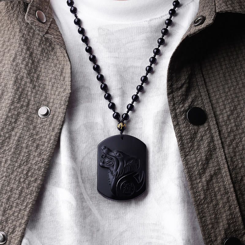 Collana con ciondolo di purificazione del lupo in pietra di ossidiana nera Buddha Stones