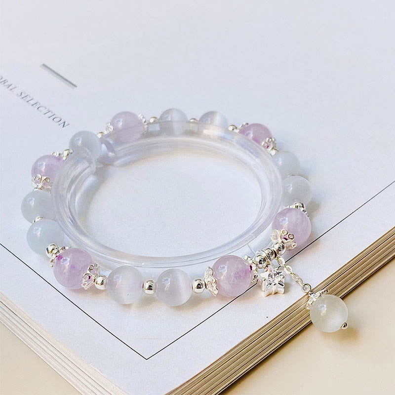 Braccialetto di consapevolezza spirituale con stella in argento sterling 925, ametista naturale e occhio di gatto , Buddha Stones