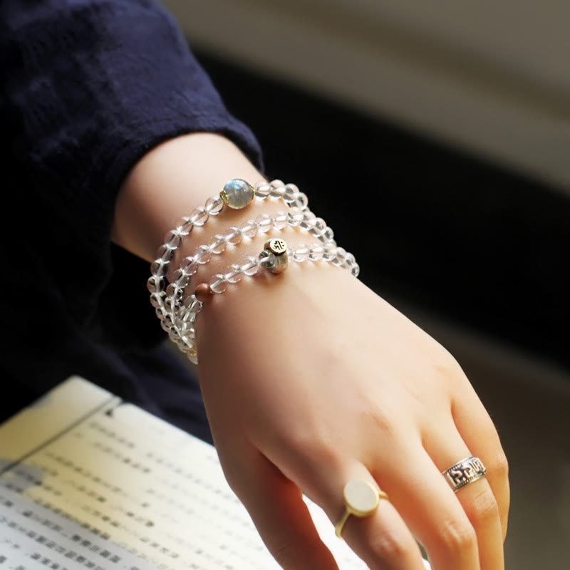 Braccialetto triplo giro in argento sterling 925 con Buddha Stones , zodiaco cinese, Buddha natale, cristallo bianco, meditazione - image 2