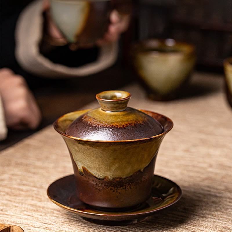 Buddha Stones Vintage Brown Kiln Change Design Porcellana Ceramica Gaiwan Sancai Tazza da tè Kung Fu Tazza da tè e piattino con coperchio