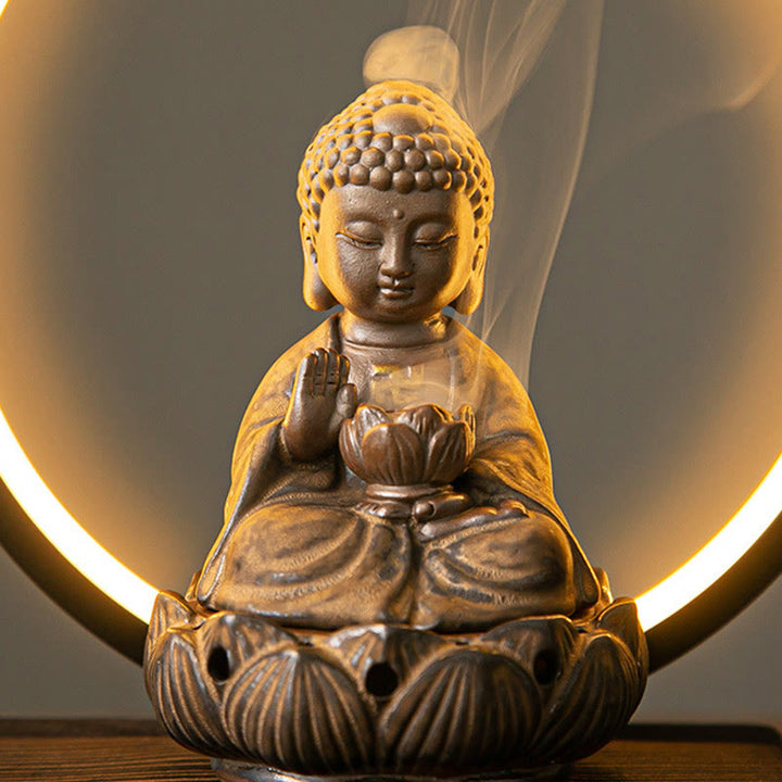 Buddha Stones Buddha Lotus Fontana di fumo a riflusso Bruciatore di incenso di benedizione in ceramica con decorazione luminosa