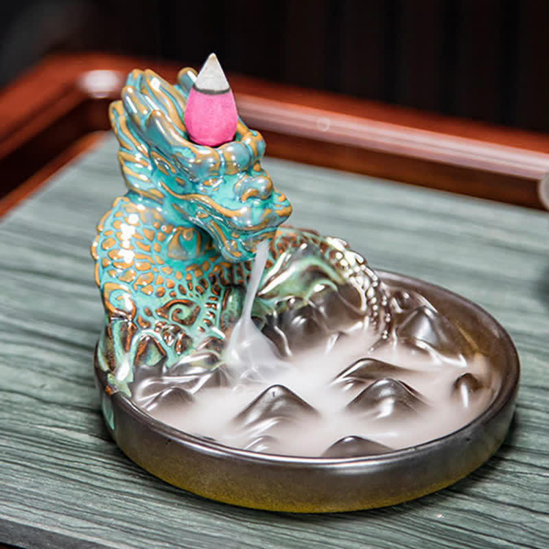 Bruciatore di incenso con fontana di fumo a riflusso in ceramica con motivo a drago, decorazione