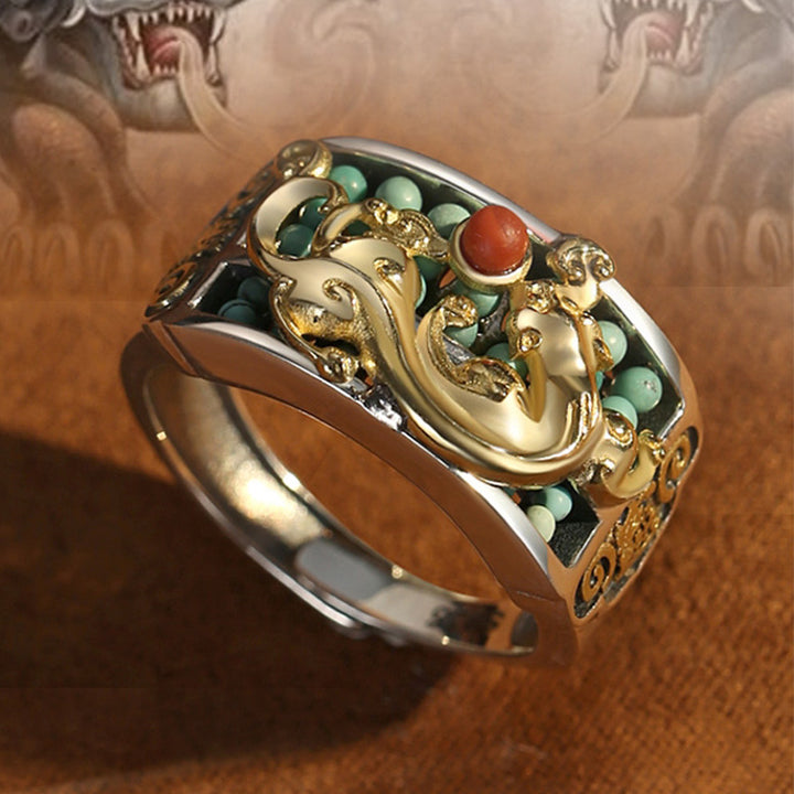 Anello di protezione PiXiu Abacus in argento sterling 925 Buddha Stones e agata rossa turchese