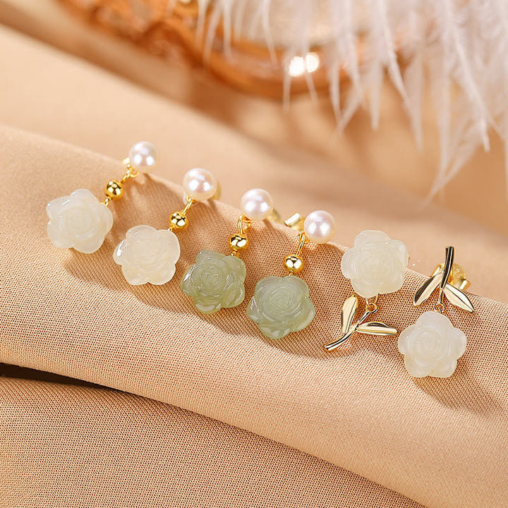 Orecchini Buddha Stones 925 Sterling Silver Placcato Oro Giada Rosa Fiore Ciano Giada Perla Fortuna