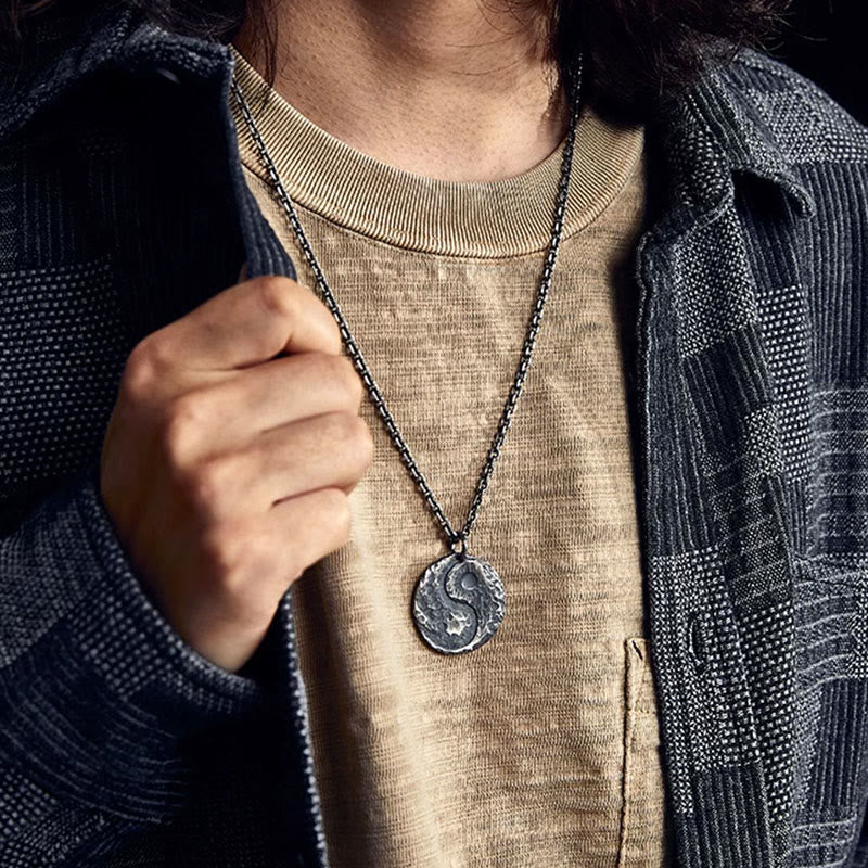 Buddha Stones 990 Sterling Silver Yin Yang Hammer Texture Collana con ciondolo Armonia - image 6