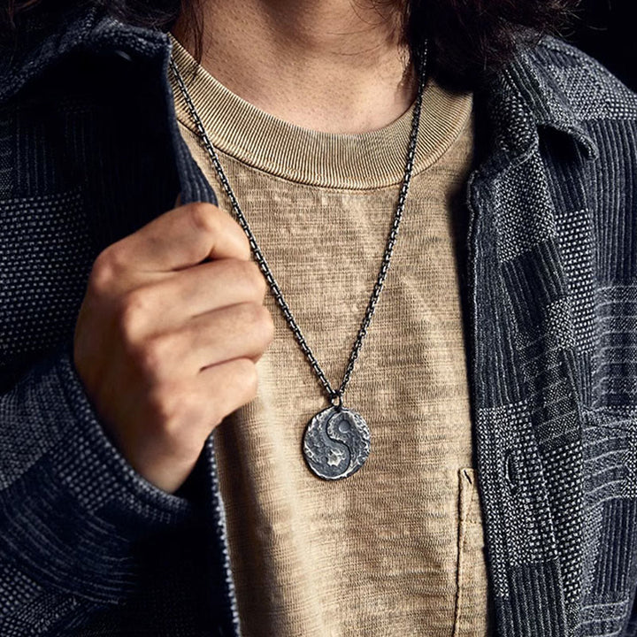 Buddha Stones 990 Sterling Silver Yin Yang Hammer Texture Collana con ciondolo Armonia - image 6