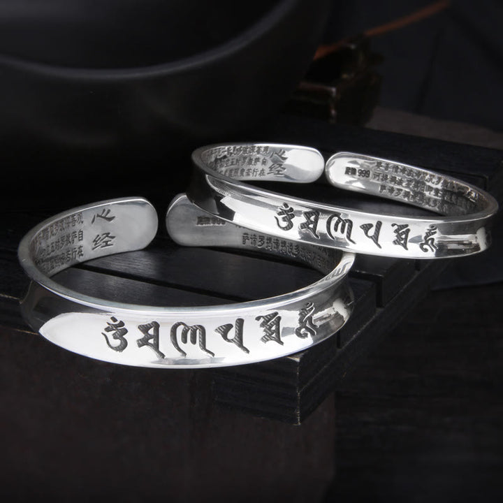 Buddha Stones 999 Sterling Silver Om Mani Padme Hum Cuore Sutra Amore Pace Bracciale Bangle
