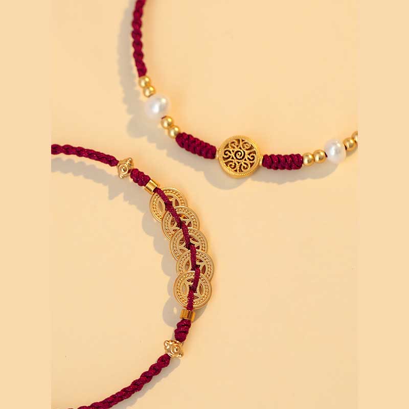Braccialetto intrecciato con monete di rame, albero della fortuna, forza e Buddha Stones