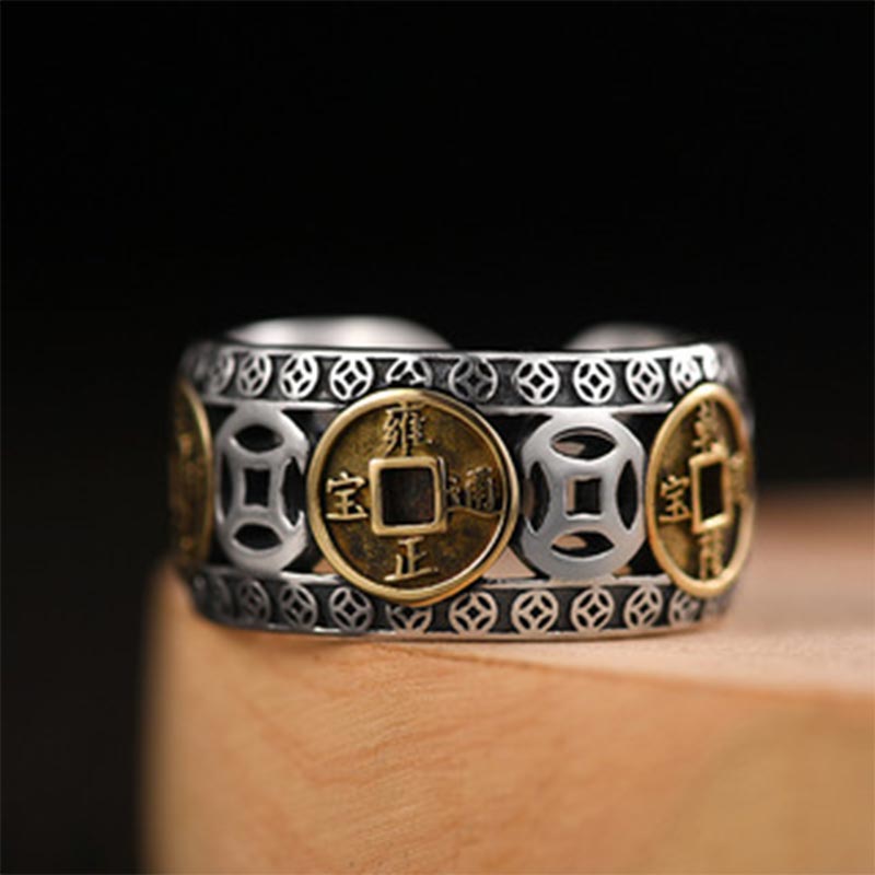 Anello regolabile con equilibrio di cinque monete dell'imperatore Buddha Stones
