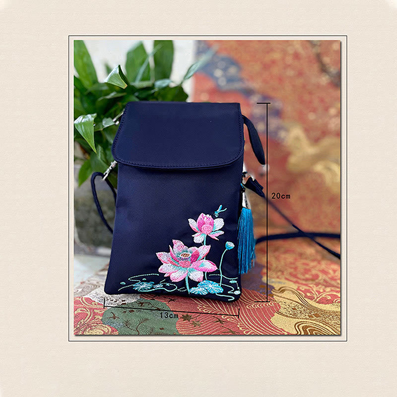 Borsa a tracolla con fiori di loto ricamati a mano, impermeabile , Buddha Stones , borsa per cellulare