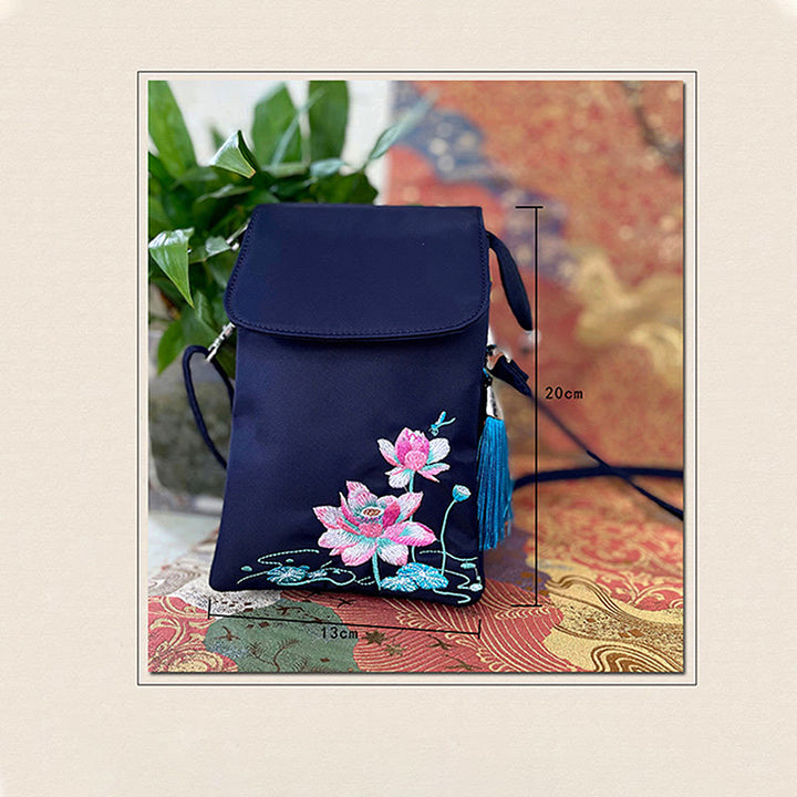 Borsa a tracolla con fiori di loto ricamati a mano, impermeabile , Buddha Stones , borsa per cellulare