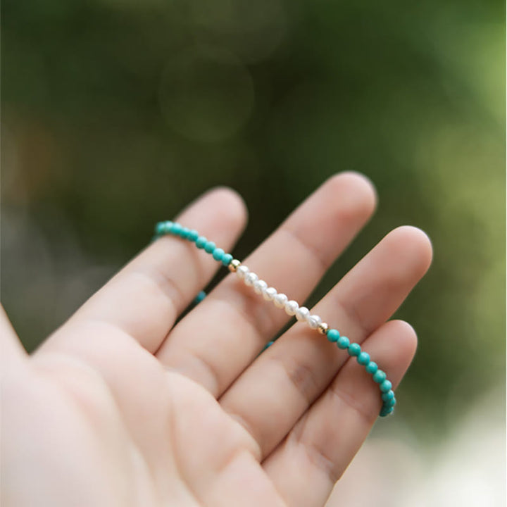 Braccialetto di perline di perle turchesi naturali in argento sterling 925 Buddha Stones