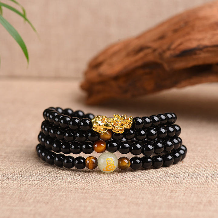 Bracciale Mala di protezione PiXiu in ossidiana con Buddha Stones e zodiaco cinese