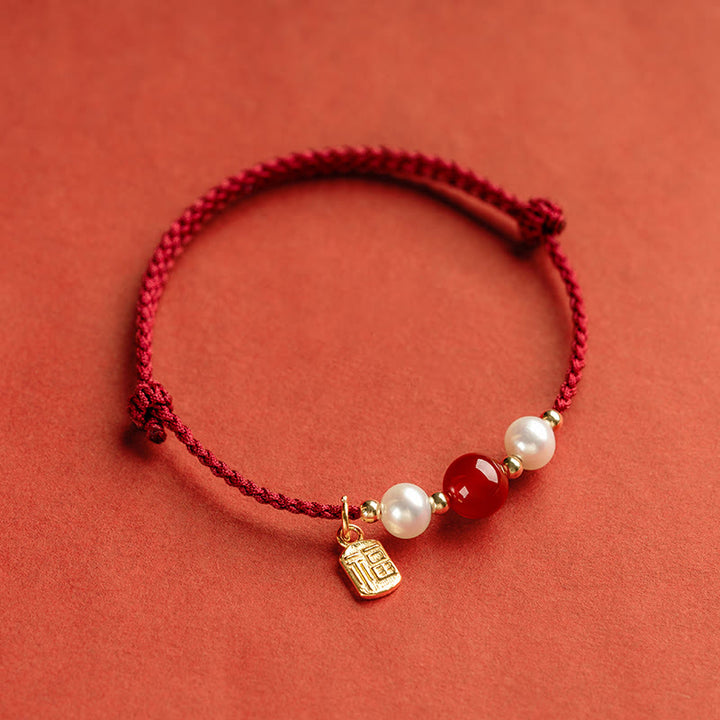 Braccialetto intrecciato in corda rossa con perle di agata e carattere Fu in argento sterling 925 con pietre Buddha Stones