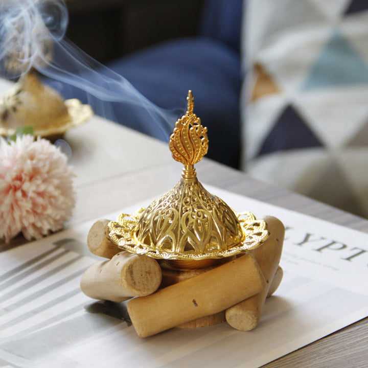 Mini bruciatore di incenso curativo in lega d'oro con sottobicchiere in legno, decorazione per la casa