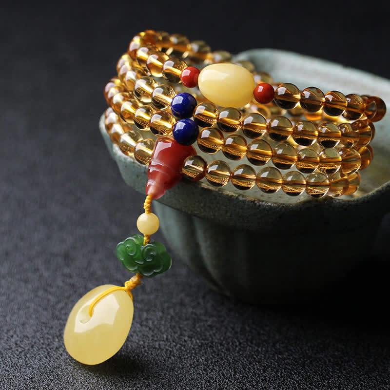 Braccialetto con ciondolo di protezione PiXiu, 108 perle di Mala, ambra citrino naturale, fibbia della pace, agata rossa - image 10