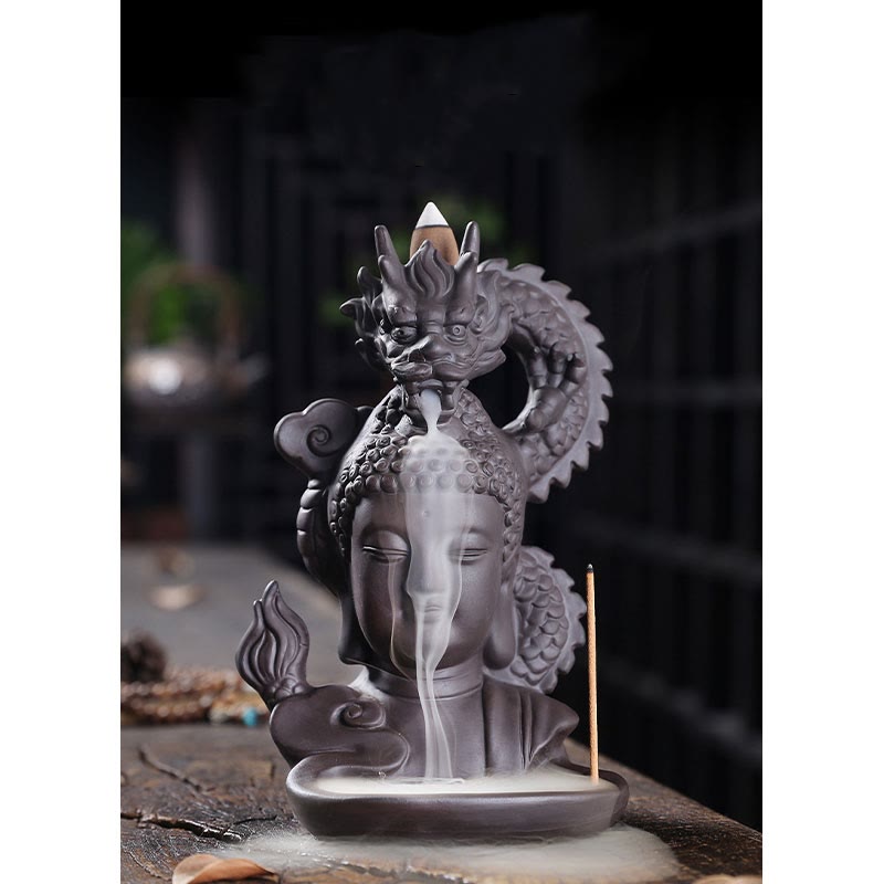Buddha Stones Buddha Drago Nuvole di buon auspicio Argilla viola Bruciatore di incenso curativo Decorazione