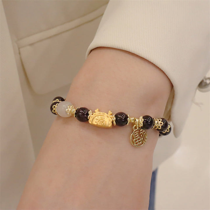 Buddha Stones Anno del Drago Agata Rossa Quarzo Fragola Ossidiana Nera Giada Granato Perla Cinabro Drago Gnocco Fortuna Fu Bracciale Personaggio - image 25