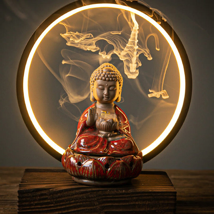 Buddha Stones Buddha Lotus Fontana di fumo a riflusso Bruciatore di incenso di benedizione in ceramica con decorazione luminosa