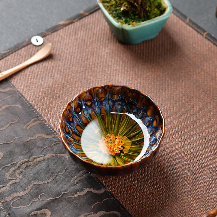 Buddha Stones Lotus Pavone Drago Fenice Koi Pesce Tazza da tè in ceramica Tazze da tè intarsiate 120ml