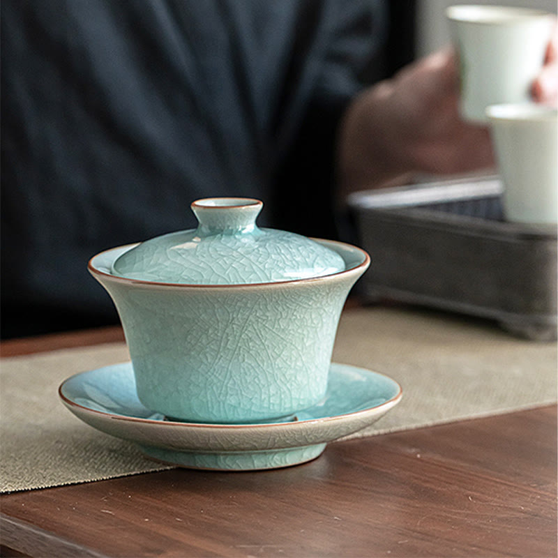Buddha Stones Retro Green Ice Glaze Ceramic Gaiwan Sancai Tazza da tè Kung Fu Tazza da tè e piattino con coperchio