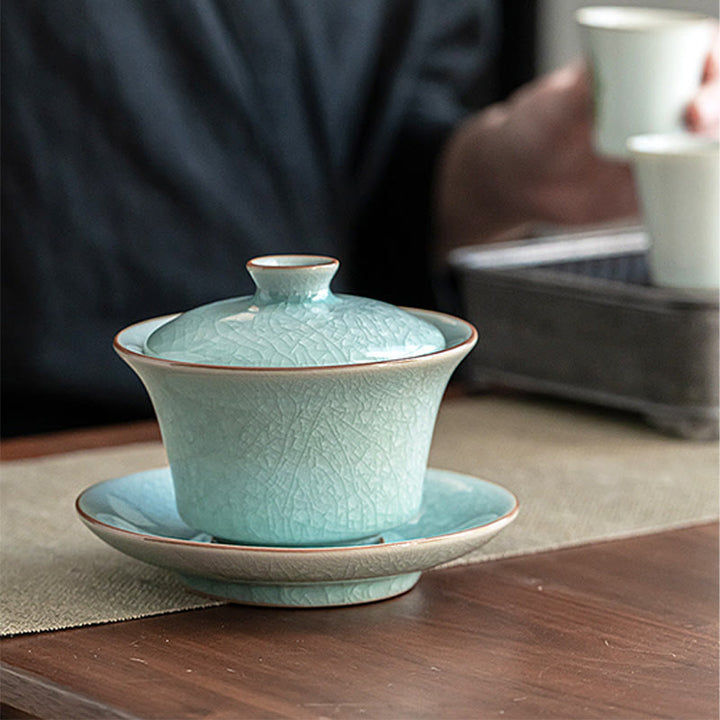 Buddha Stones Retro Green Ice Glaze Ceramic Gaiwan Sancai Tazza da tè Kung Fu Tazza da tè e piattino con coperchio