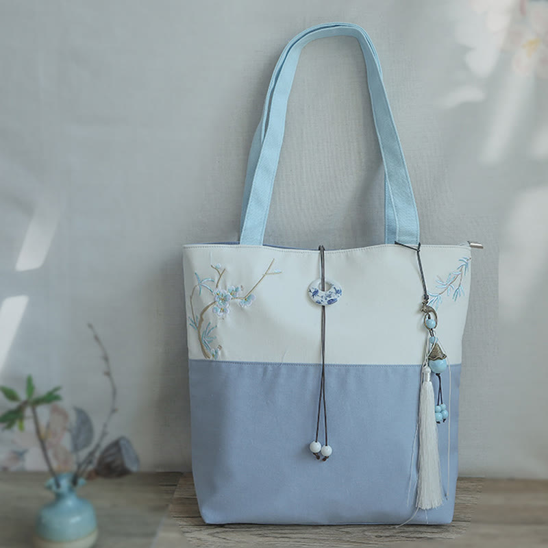 Borsa a tracolla grande capacità in tela con ricamo in bambù, prugna, fiore di pera, pesco