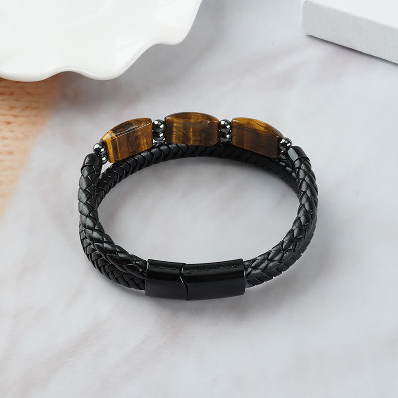 Braccialetto in pelle con fibbia magnetica e protezione naturale dell'occhio di tigre Buddha Stones