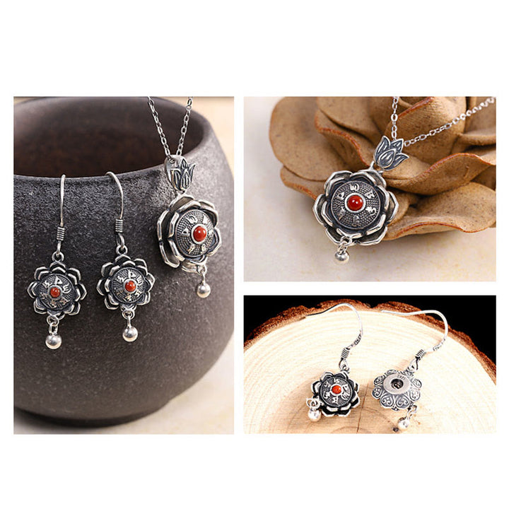 Buddha Stones 925 Sterling Silver Om Mani Padme Hum Lotus Peace Collana Ciondolo Orecchini