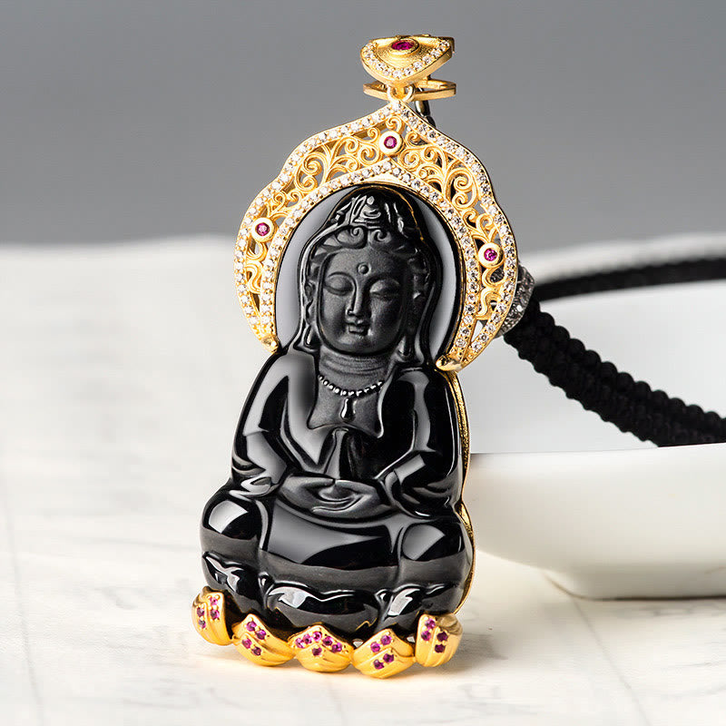 Buddha Stones 925 Sterling Silver Natural Black Jade Kwan Yin Avalokitesvara Collana con ciondolo Wealth - image 2