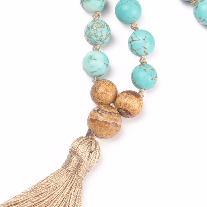 Buddha Stones con 108 perle di Mala in turchese e diaspro con nappa della saggezza