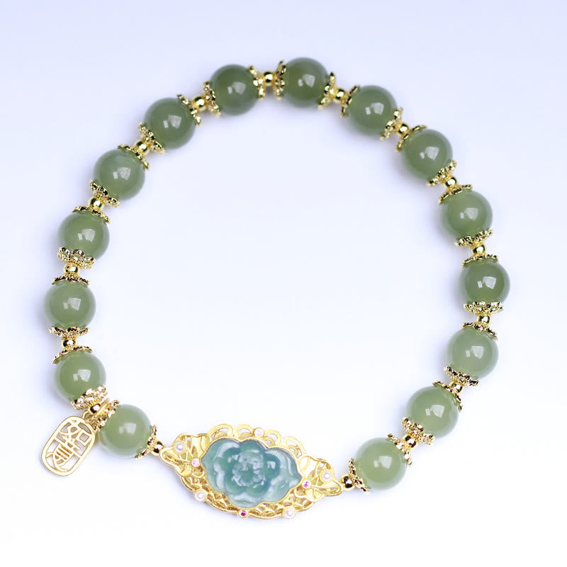 Braccialetto portafortuna in giada Hetian Lotus in argento sterling 925 placcato oro 14K