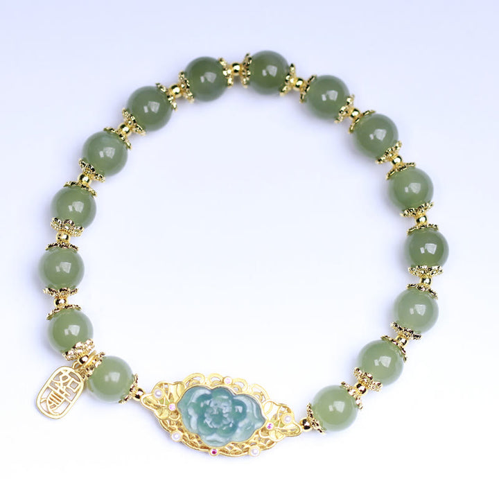 Braccialetto portafortuna in giada Hetian Lotus in argento sterling 925 placcato oro 14K