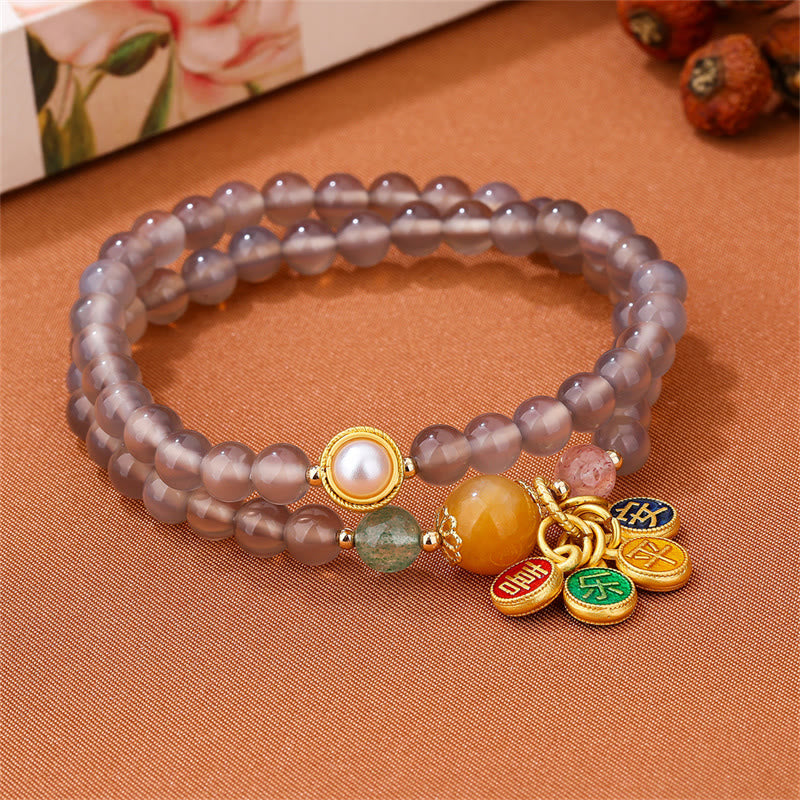 Braccialetto doppio giro Buddha Stones Natural Grey Agate Peace And Joy Charm Balance