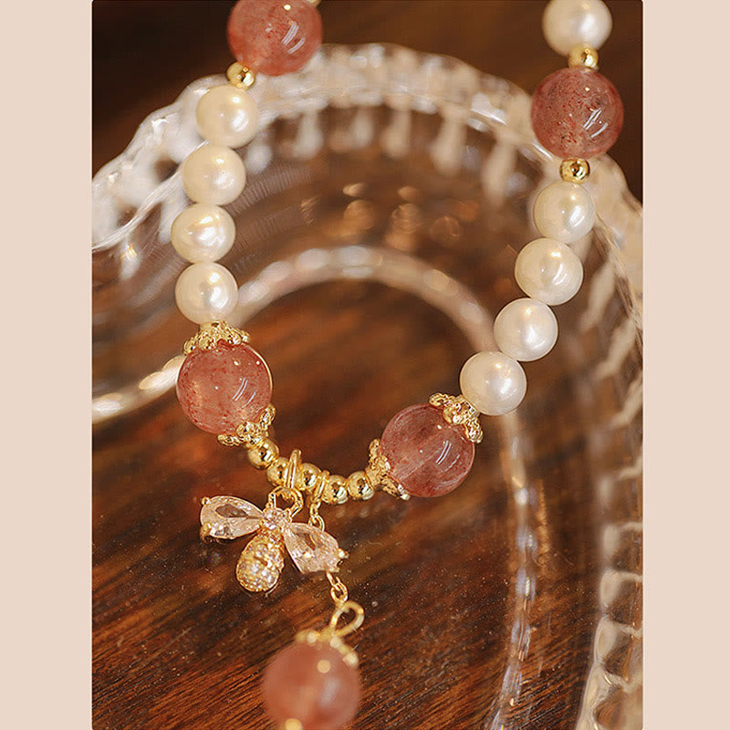 Braccialetto con ciondolo ape carino con perle naturali e quarzo fragola Buddha Stones