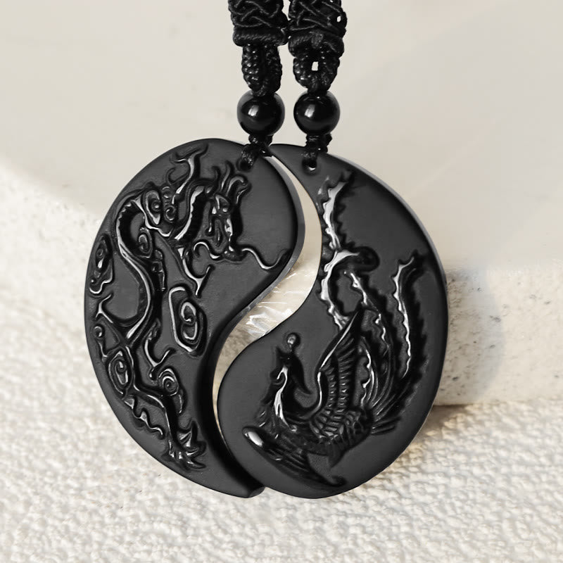 Buddha Stones Ossidiana nera Yin Yang Drago Fenice Collana pendente fortuna - image 3