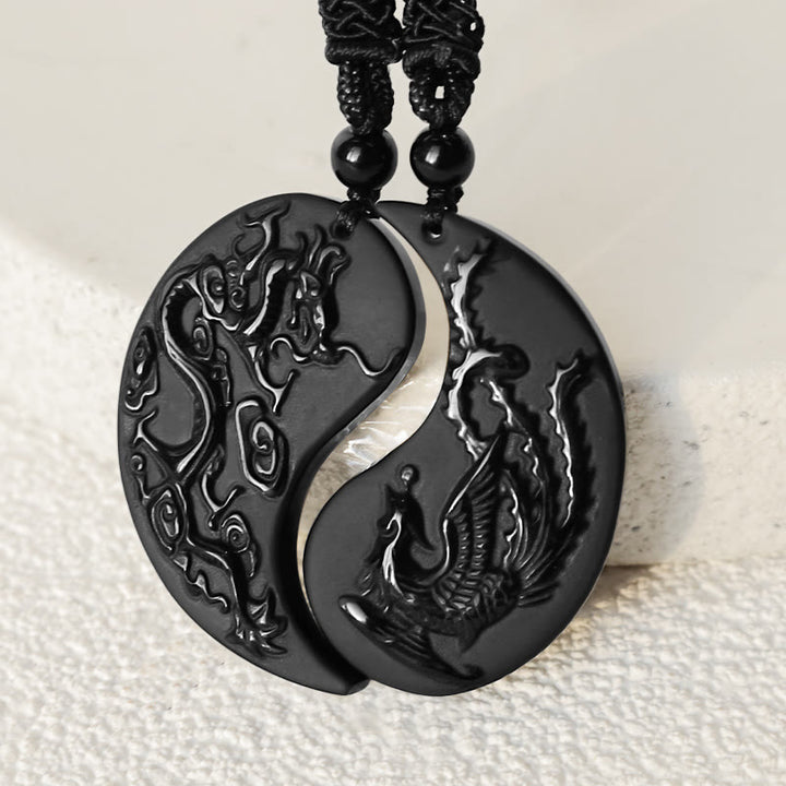 Buddha Stones Ossidiana nera Yin Yang Drago Fenice Collana pendente fortuna - image 3