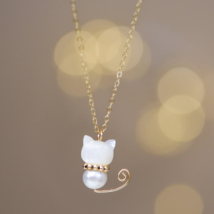 Buddha Stones 14K placcato oro perla Hetian giada conchiglia fortuna gatto gattino collana pendente - Placcato oro normale 14K - Perla - image 2