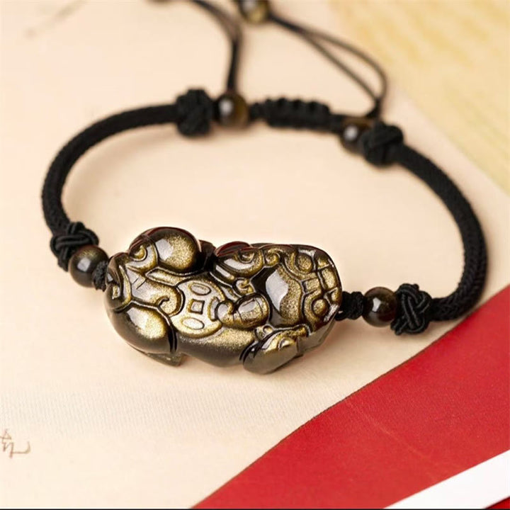 Braccialetto della ricchezza con moneta di PiXiu Cooper in ossidiana naturale, ametista, citrino e Buddha Stones