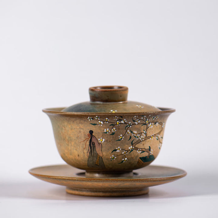 Buddha Stones Jingdezhen dipinte a mano Ru Kiln porcellana Hanfu ragazza fiore ceramica Gaiwan Sancai tazza da tè Kung Fu tazza da tè e piattino con coperchio