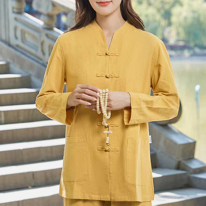 Buddha Stones Spirituale Zen Pratica Yoga Meditazione Preghiera Uniforme Cotone Lino Abbigliamento Donna Set - Oro - US18, UK/AU22, EU50 (6XL) - image 15