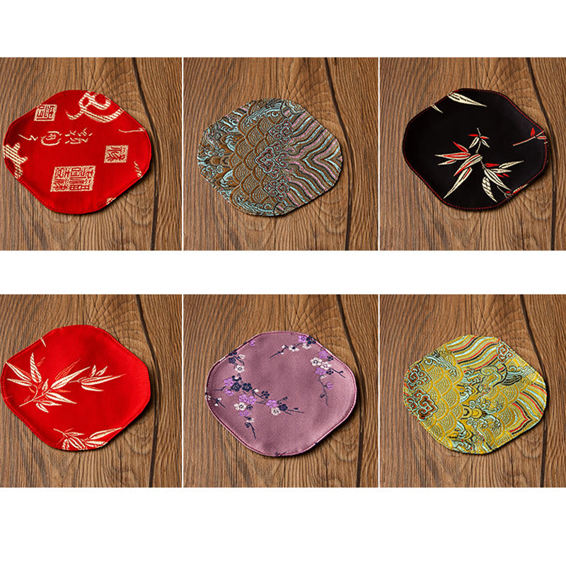 Buddha Stones Sea Wave Bamboo Plum Blossom Broccato Ricamo Sottobicchiere per tazza da tè Kung Fu Tappetino da tè