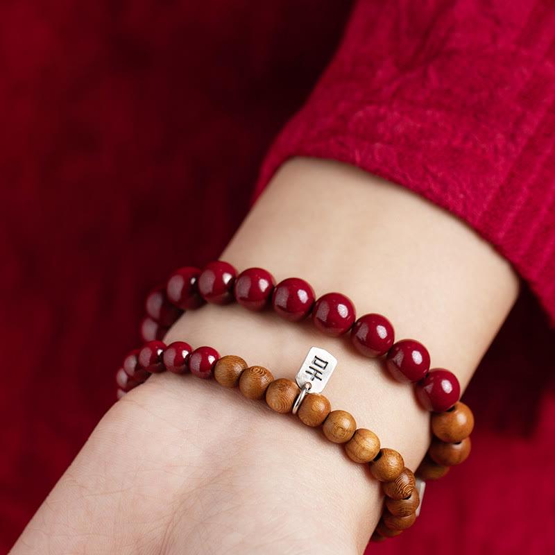 Bracciale Buddha Stones in argento sterling 925, legno di pesca, cinabro, allontana gli spiriti maligni