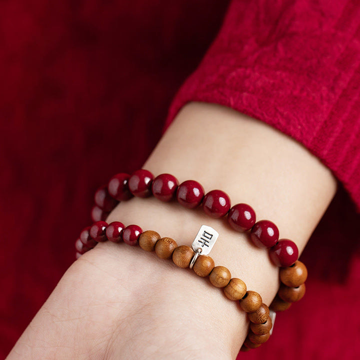 Bracciale Buddha Stones in argento sterling 925, legno di pesca, cinabro, allontana gli spiriti maligni
