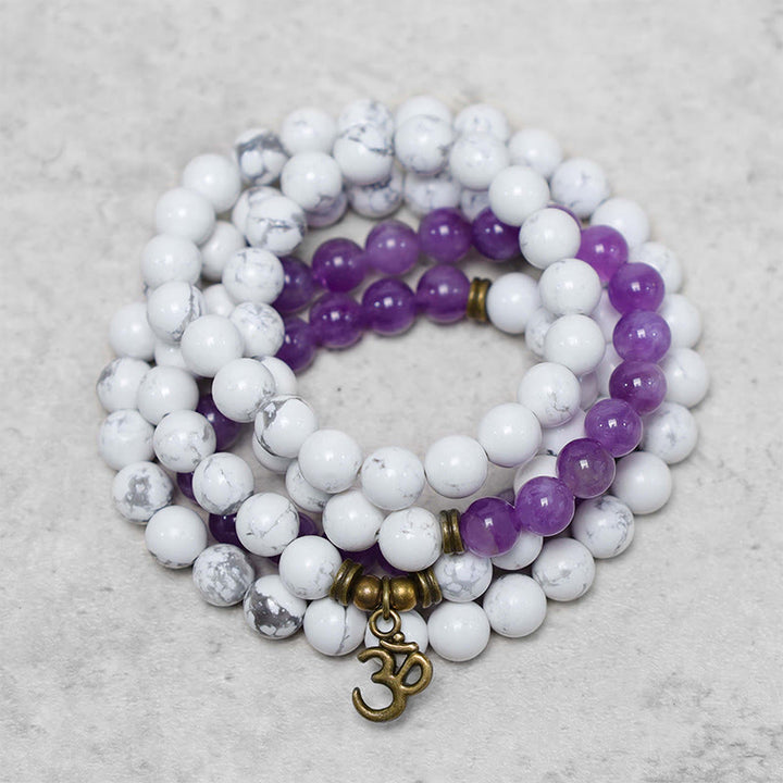 Buddha Stones 108 Mala Beads Ametista Bianco Turchese OM Braccialetto energetico per meditazione curativa