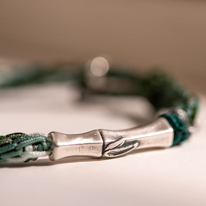 Braccialetto in argento sterling 925 con nodo di reincarnazione in bambù e corda di protezione dalla fortuna